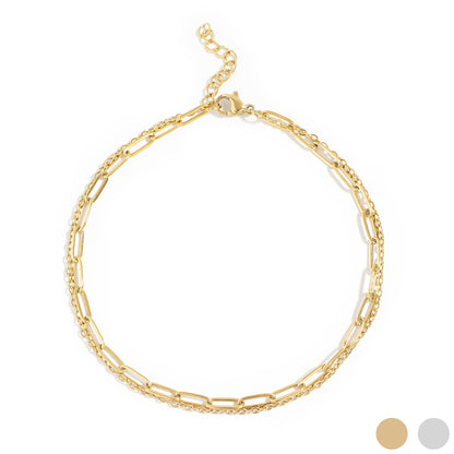 18K Gold PVD Stainless Steel Layered Loop and Paperclip Chain Anklet