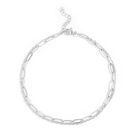 18K Gold PVD Stainless Steel Layered Loop and Paperclip Chain Anklet