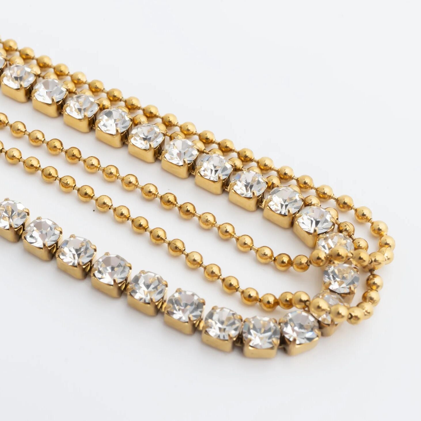 18K Gold PVD Stainless Steel Rhinestone and Shotbead Chain Layered Anklet