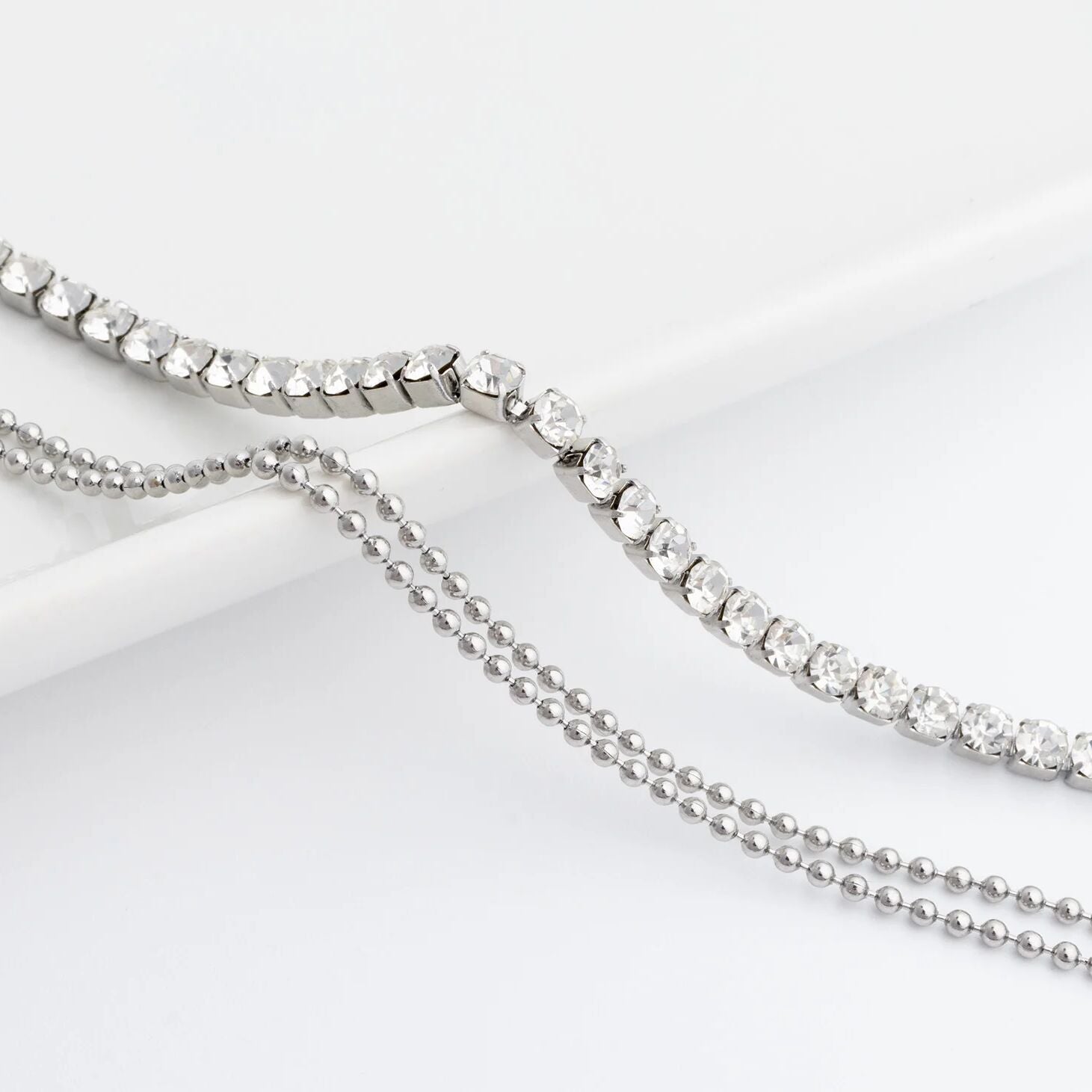 18K Gold PVD Stainless Steel Rhinestone and Shotbead Chain Layered Anklet