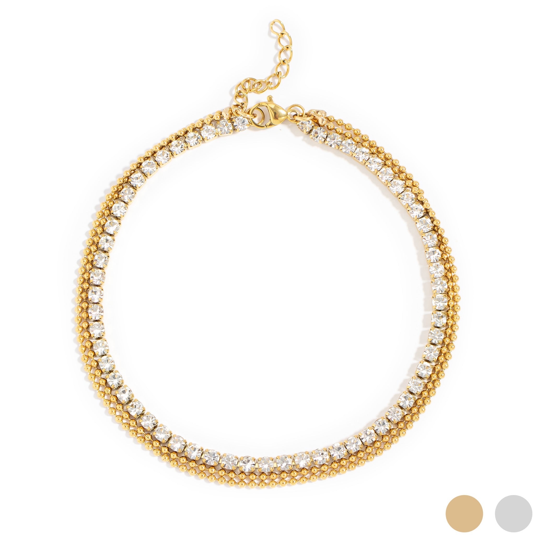 18K Gold PVD Stainless Steel Rhinestone and Shotbead Chain Layered Anklet