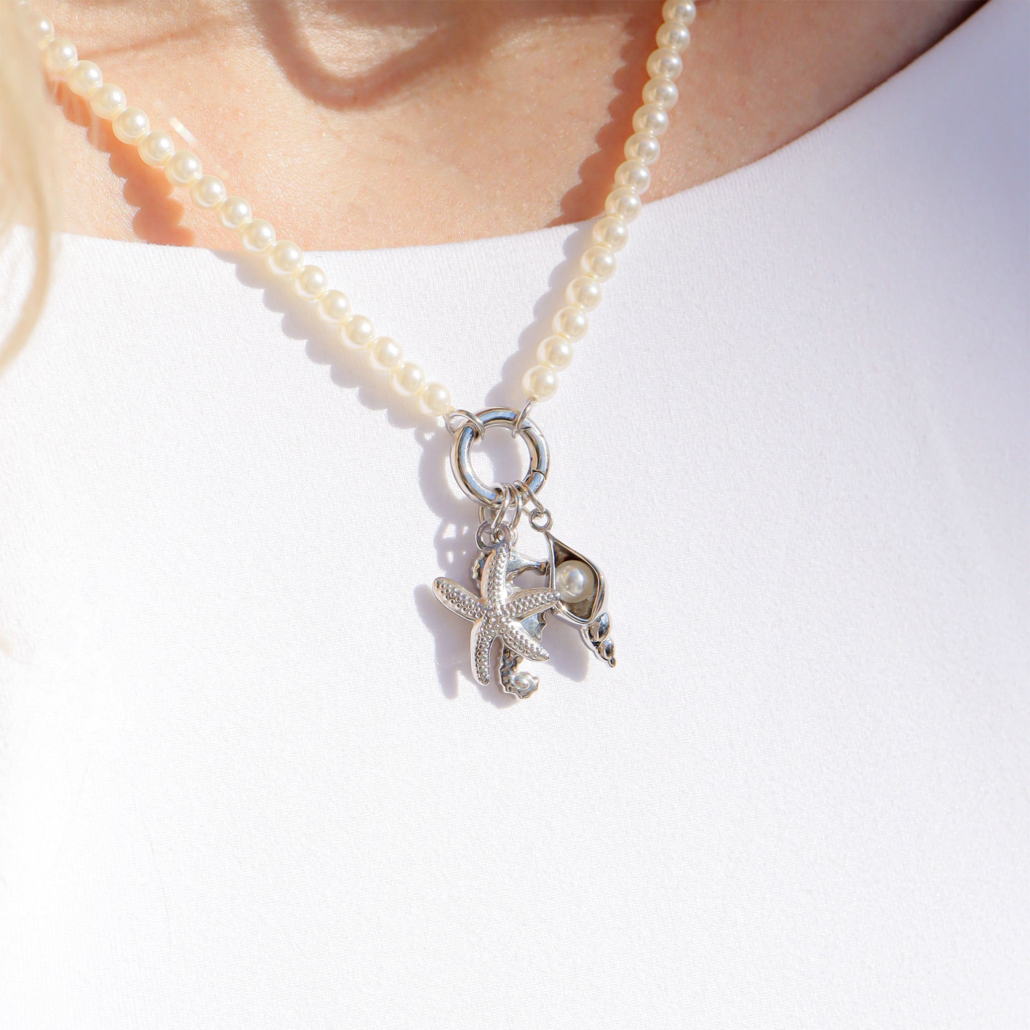 18" Glass Pearl Necklace with Stainless Steel Charm Keeper