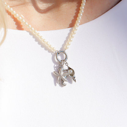 18" Glass Pearl Necklace with Stainless Steel Charm Keeper