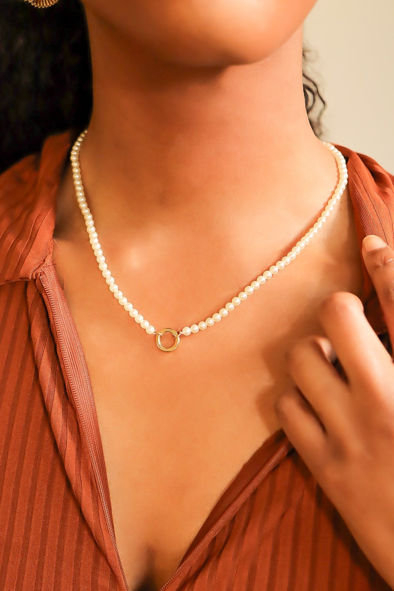 18" Glass Pearl Necklace with Stainless Steel Charm Keeper