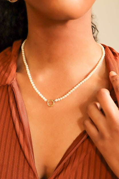 18" Glass Pearl Necklace with Stainless Steel Charm Keeper