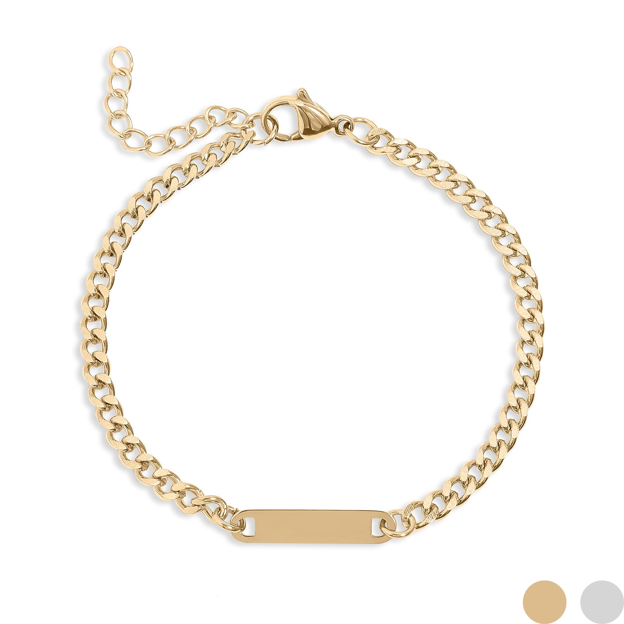 18K Gold PVD Stainless Steel Engravable Curb Chain Bar Bracelet