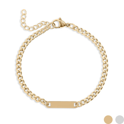 18K Gold PVD Stainless Steel Engravable Curb Chain Bar Bracelet