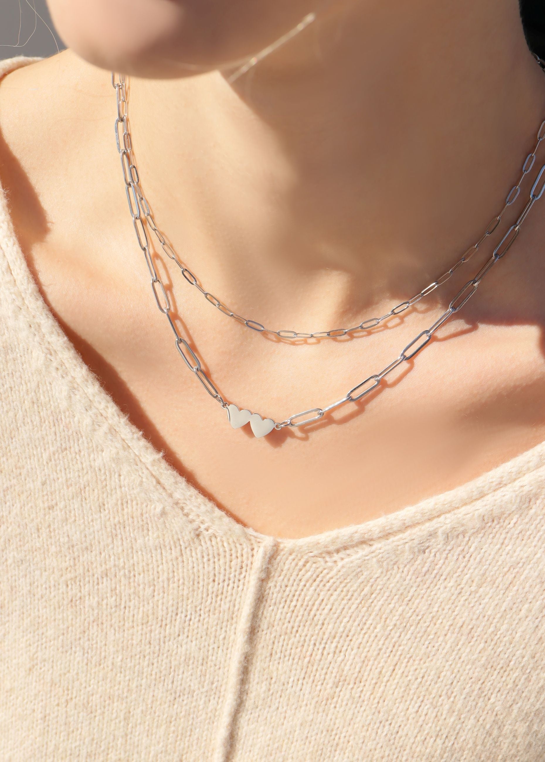 Stainless Steel Engravable 2 Heart Paperclip Necklace