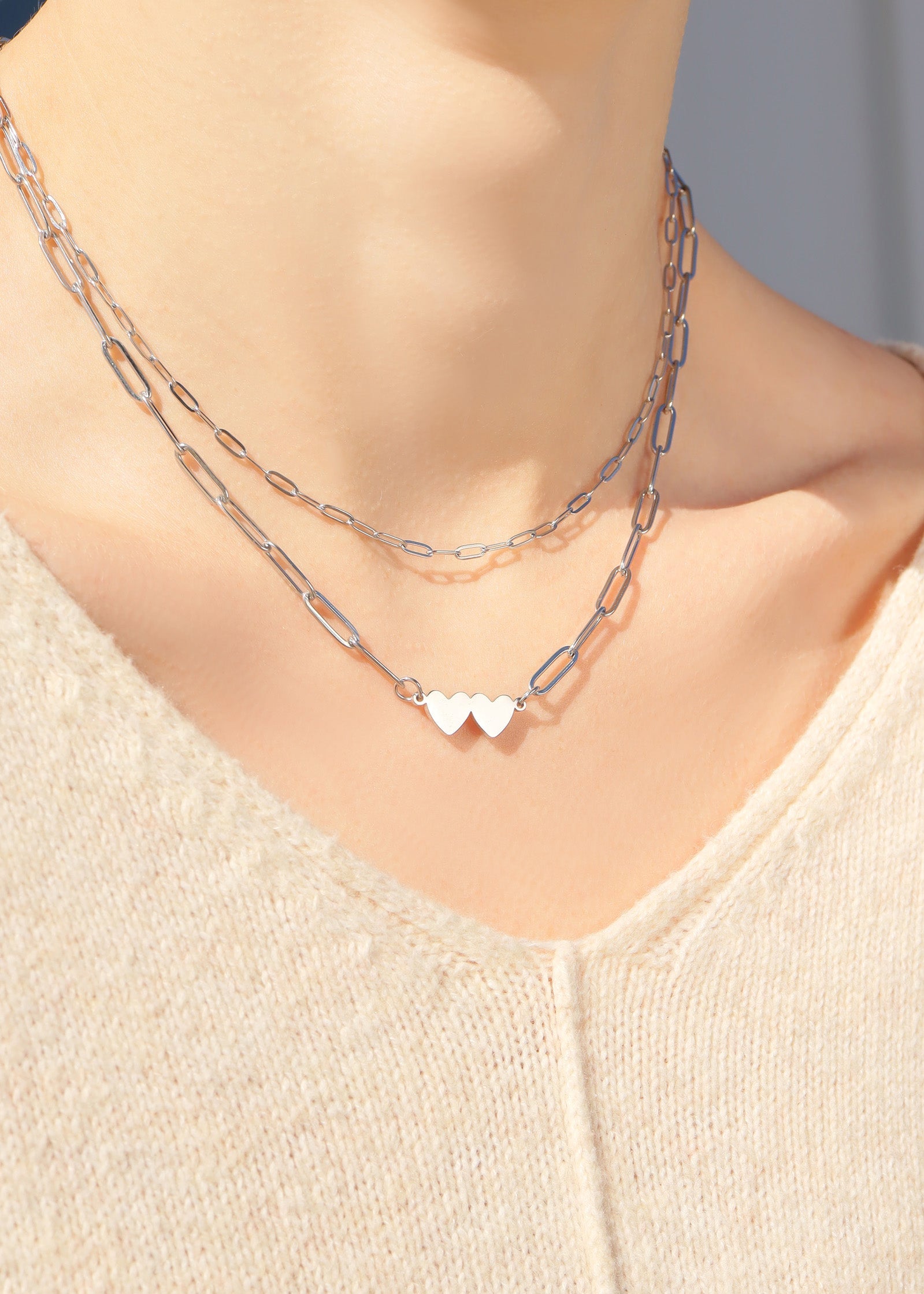 Stainless Steel Engravable 2 Heart Paperclip Necklace
