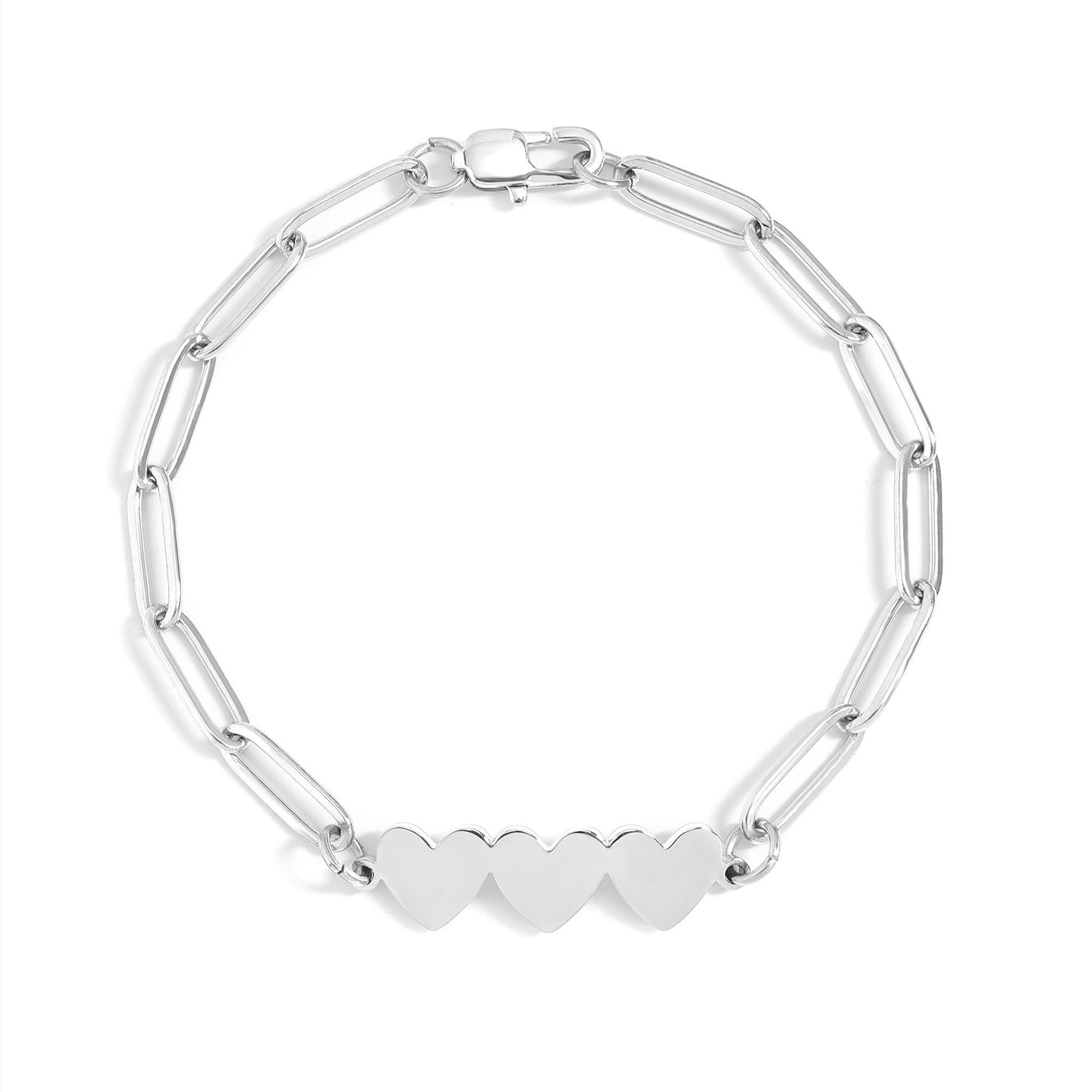 Stainless Steel Engravable 3 Heart Paperclip Bracelet