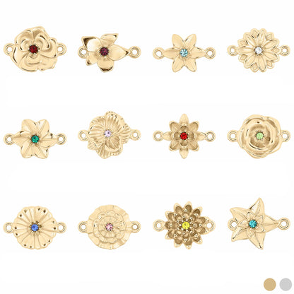 18K Gold PVD Stainless Steel 3D Birth Flower Connector Charms