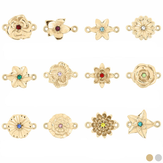 18K Gold PVD Stainless Steel 3D Birth Flower Connector Charms