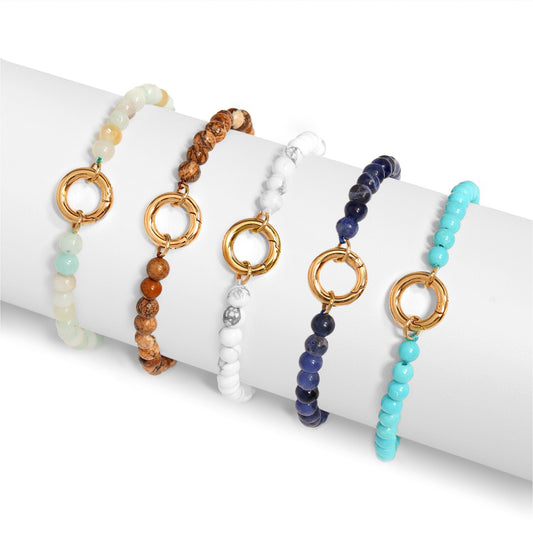 18K Gold PVD Stainless Steel Semi Precious Natural Stone Charm Keeper Bracelet