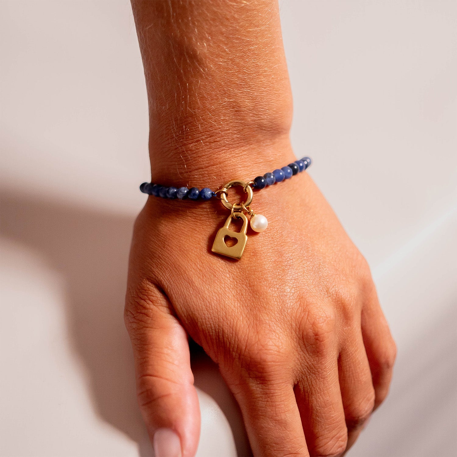 18K Gold PVD Stainless Steel Semi Precious Natural Stone Charm Keeper Bracelet