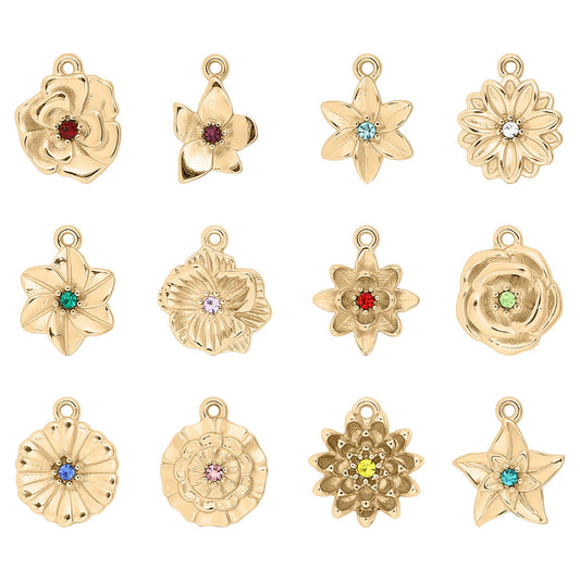 18K Gold PVD Stainless Steel Vertical 3D Birth Flower Charm