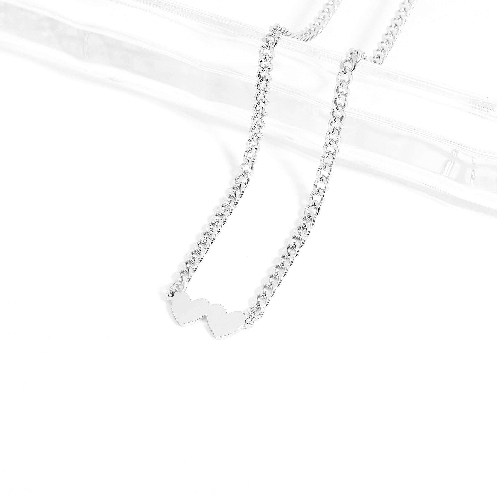 18K Gold PVD Stainless Steel Engravable 2 Hearts on Curb Chain Necklace
