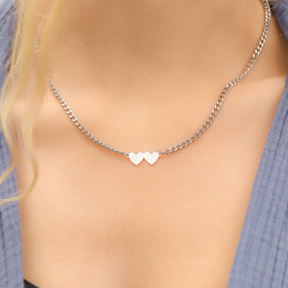 18K Gold PVD Stainless Steel Engravable 2 Hearts on Curb Chain Necklace