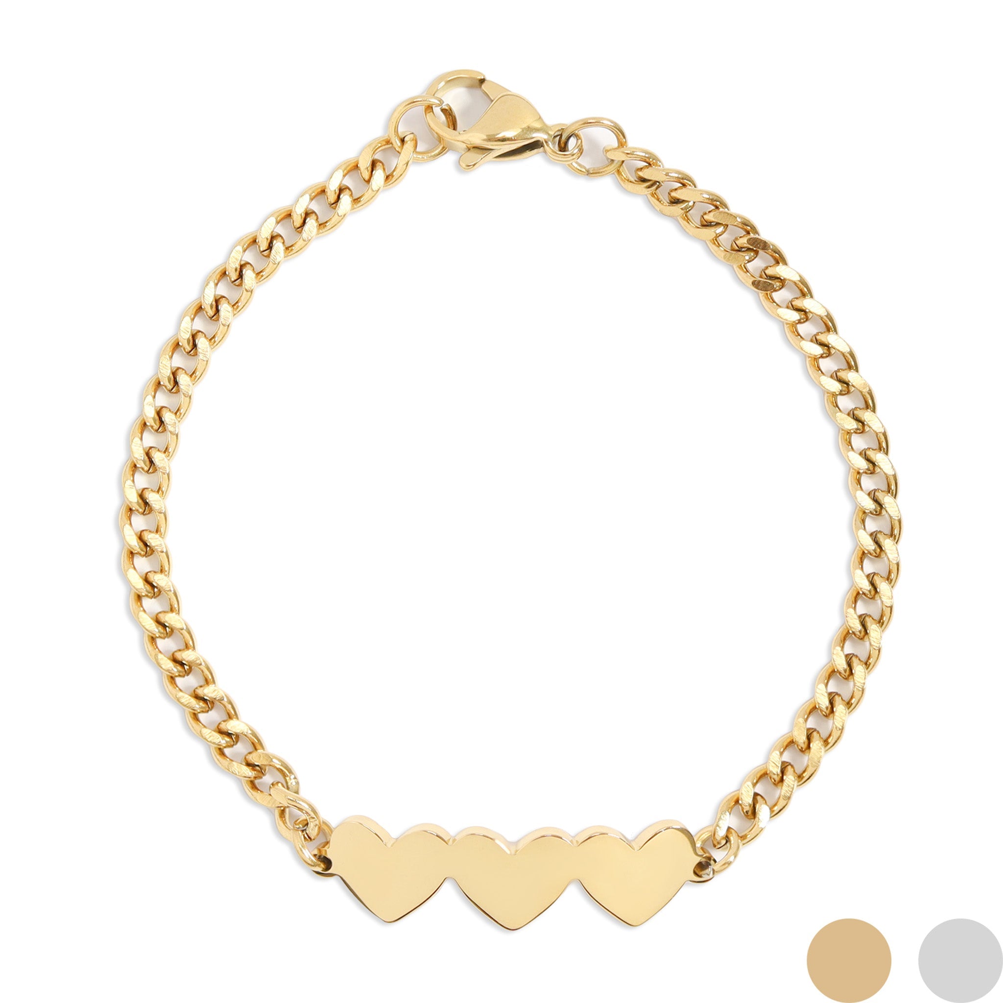 18K Gold PVD Stainless Steel Engravable 3 Hearts on Curb Chain Bracelet