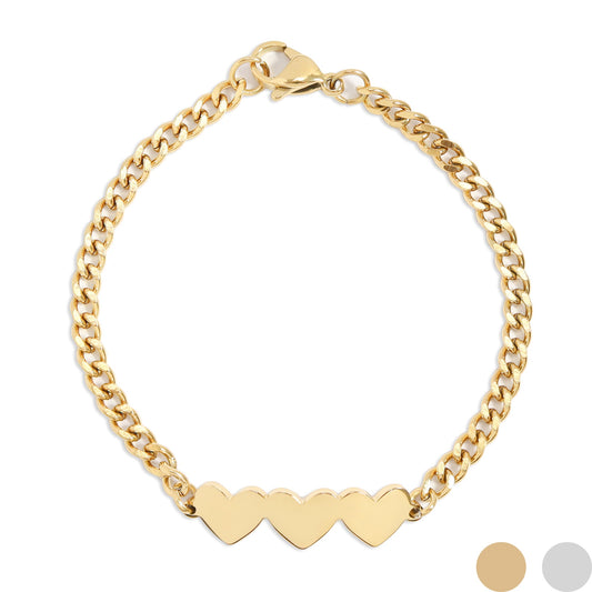 18K Gold PVD Stainless Steel Engravable 3 Hearts on Curb Chain Bracelet