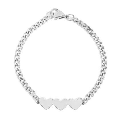 18K Gold PVD Stainless Steel Engravable 3 Hearts on Curb Chain Bracelet