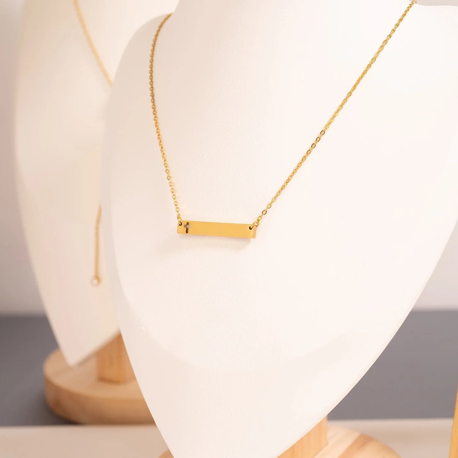 18K Gold PVD Stainless Steel Cutout Cross Blank Bar Necklace