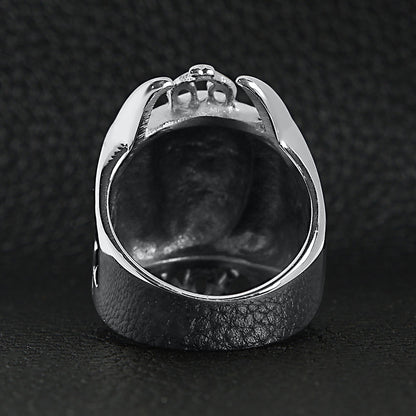 Stainless Steel Red CZ Eyed Flaming Skull With 18K Gold PVD Coated Accents Ring
