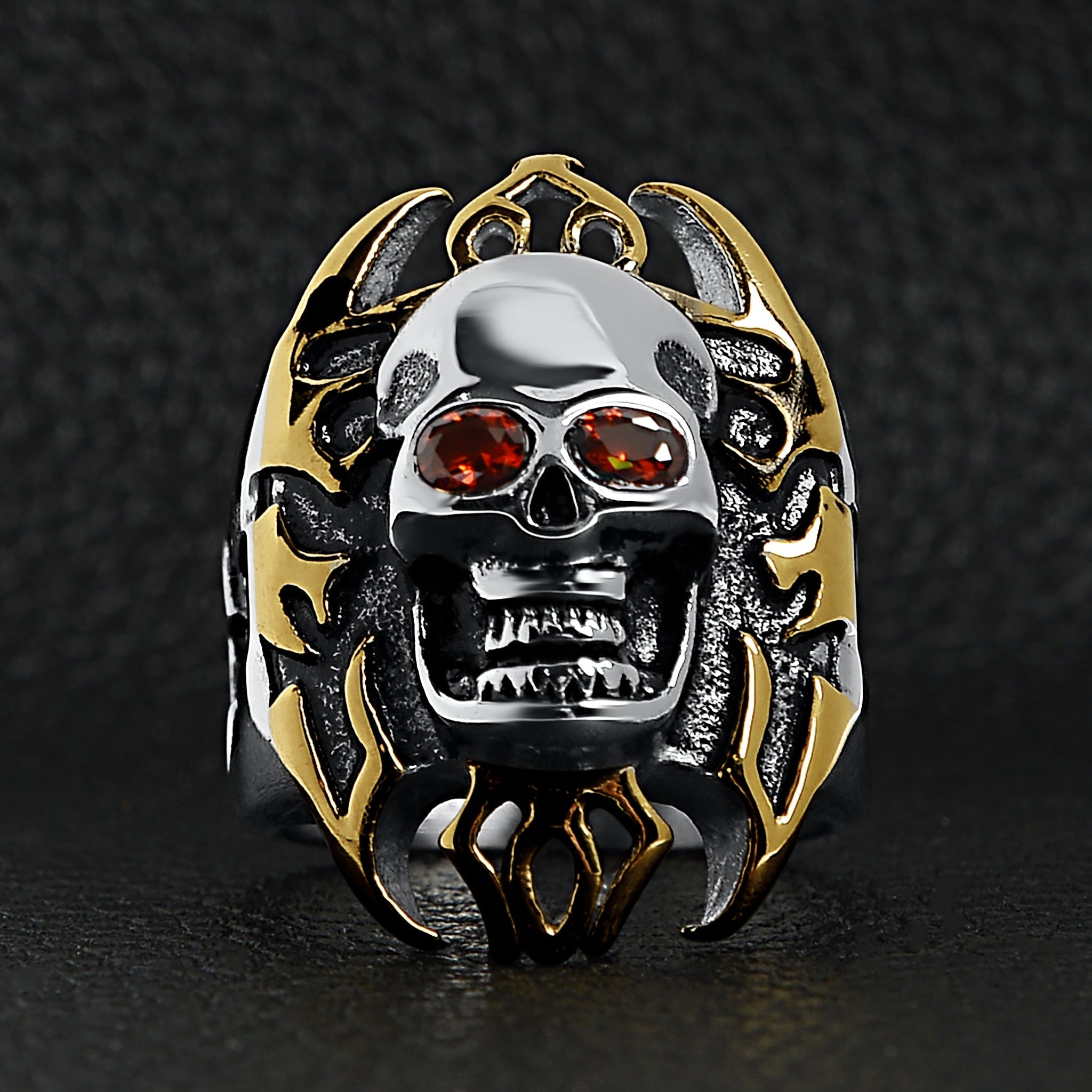 Stainless Steel Red CZ Eyed Flaming Skull With 18K Gold PVD Coated Accents Ring