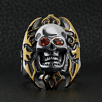 Stainless Steel Red CZ Eyed Flaming Skull With 18K Gold PVD Coated Accents Ring
