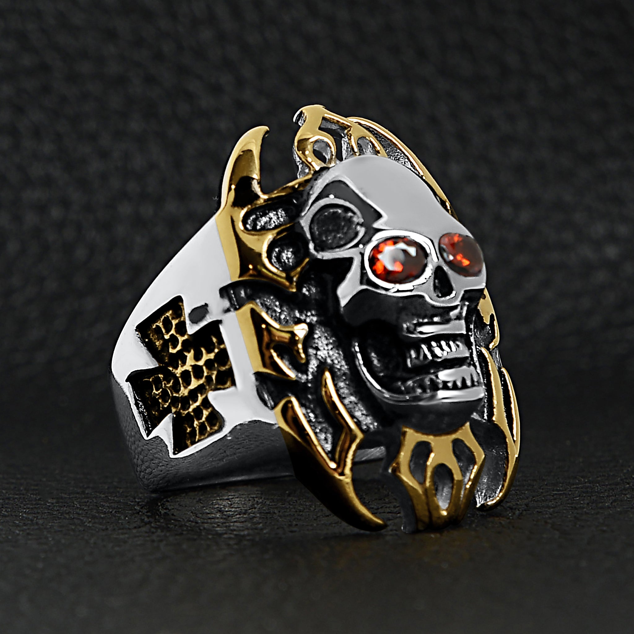 Stainless Steel Red CZ Eyed Flaming Skull With 18K Gold PVD Coated Accents Ring