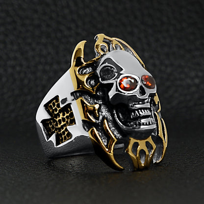 Stainless Steel Red CZ Eyed Flaming Skull With 18K Gold PVD Coated Accents Ring