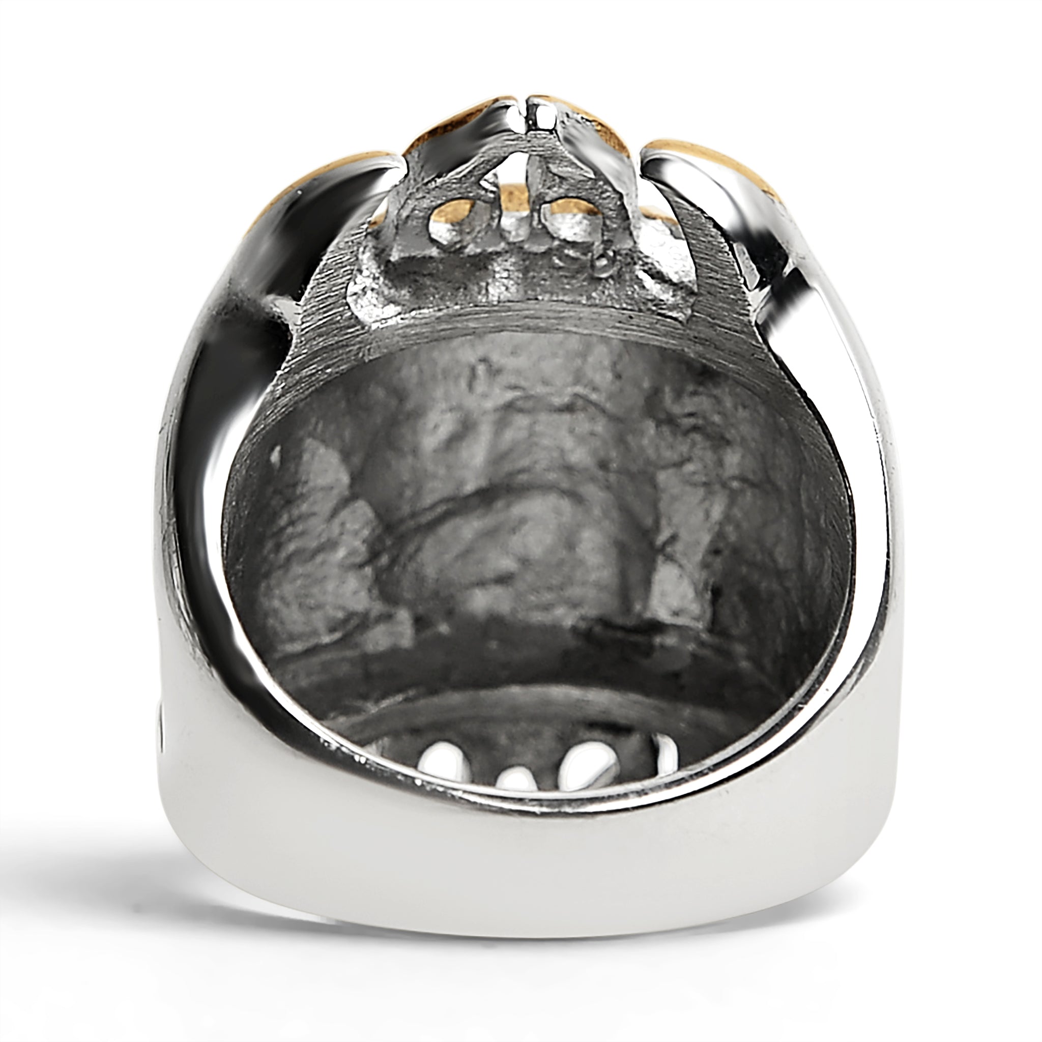 Stainless Steel Red CZ Eyed Flaming Skull With 18K Gold PVD Coated Accents Ring