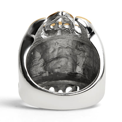 Stainless Steel Red CZ Eyed Flaming Skull With 18K Gold PVD Coated Accents Ring