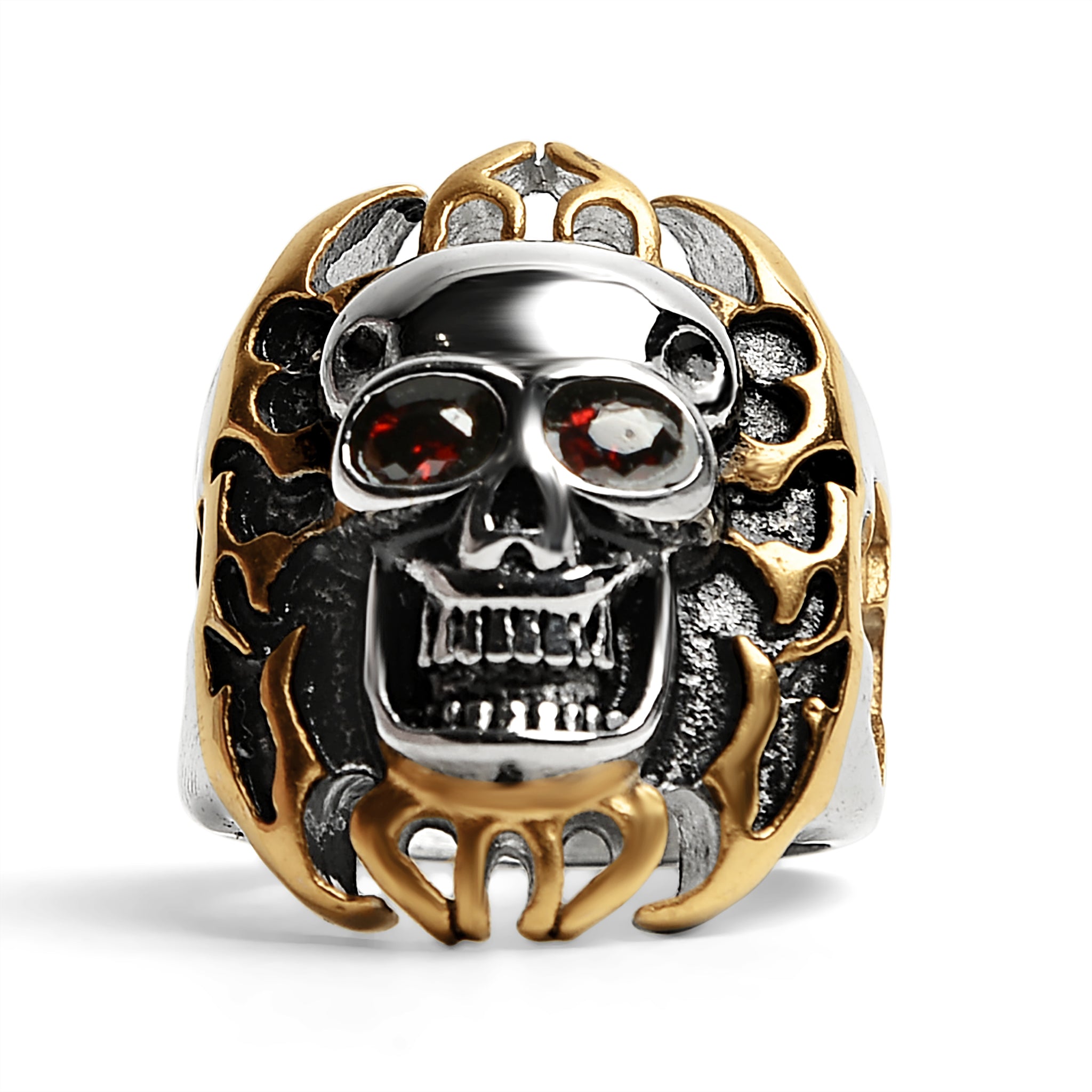 Stainless Steel Red CZ Eyed Flaming Skull With 18K Gold PVD Coated Accents Ring