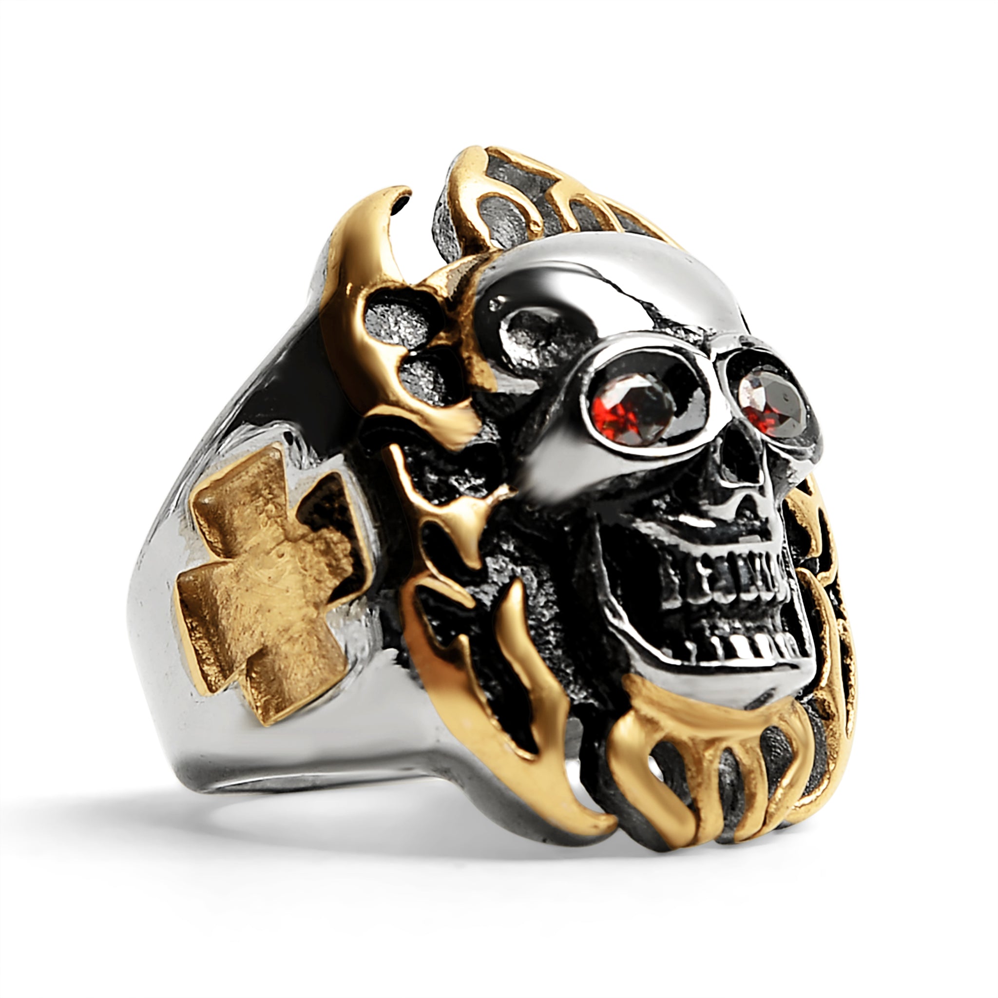 Stainless Steel Red CZ Eyed Flaming Skull With 18K Gold PVD Coated Accents Ring
