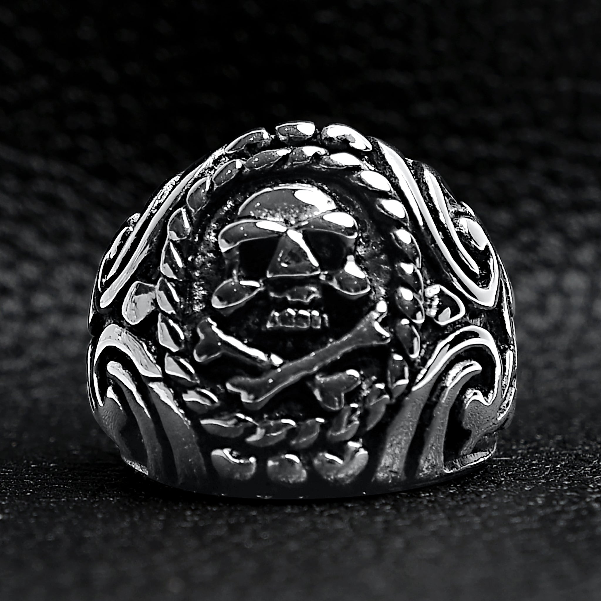 Polished Skull And Crossbones With Ocean Pattern Stainless Steel Ring