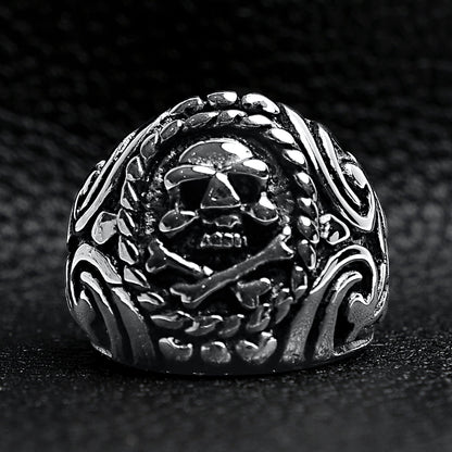 Polished Skull And Crossbones With Ocean Pattern Stainless Steel Ring