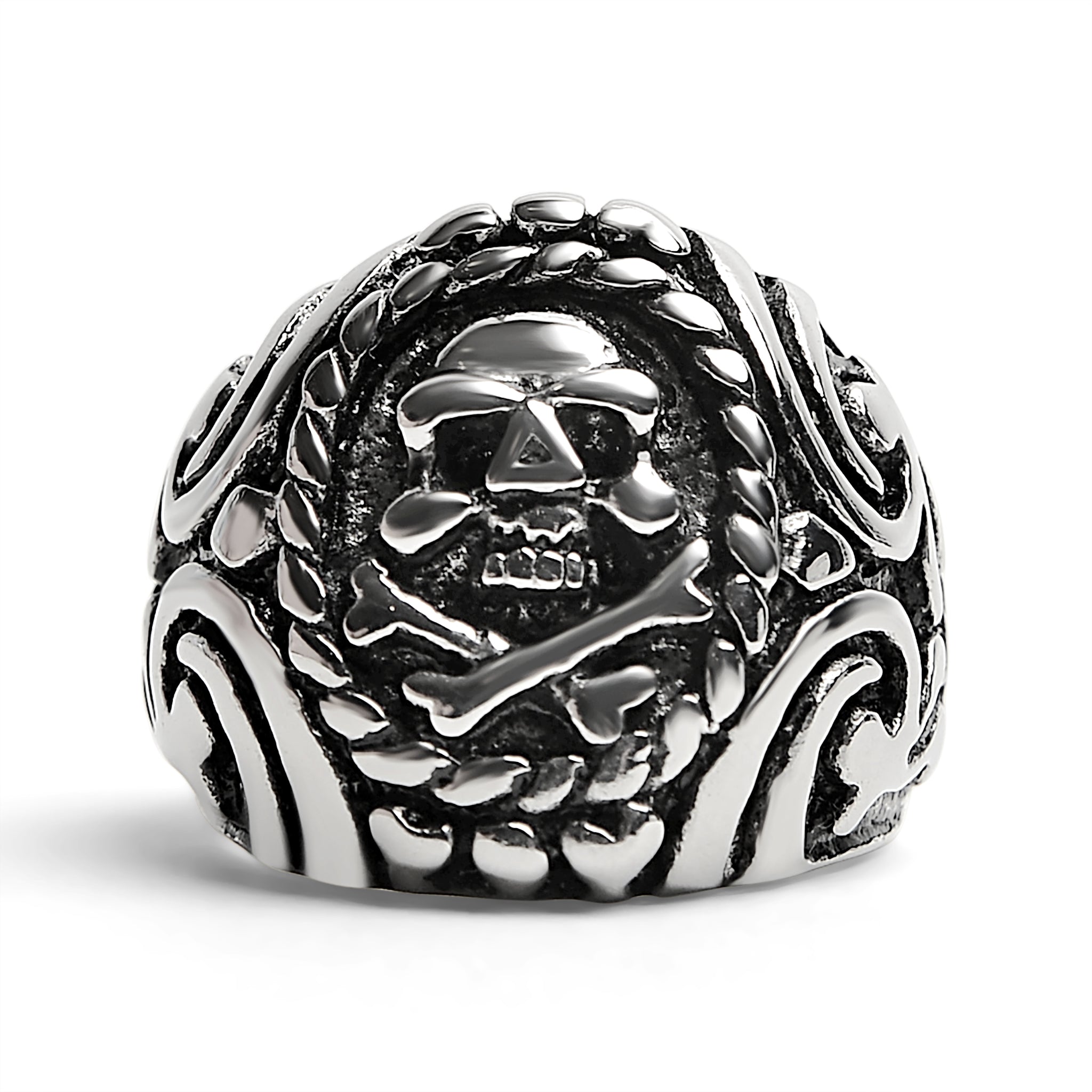 Polished Skull And Crossbones With Ocean Pattern Stainless Steel Ring
