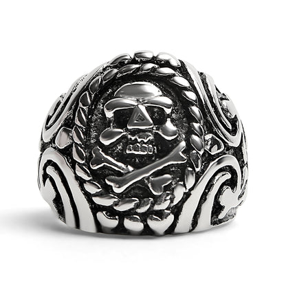 Polished Skull And Crossbones With Ocean Pattern Stainless Steel Ring