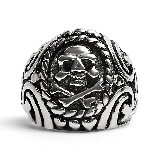 Polished Skull And Crossbones With Ocean Pattern Stainless Steel Ring