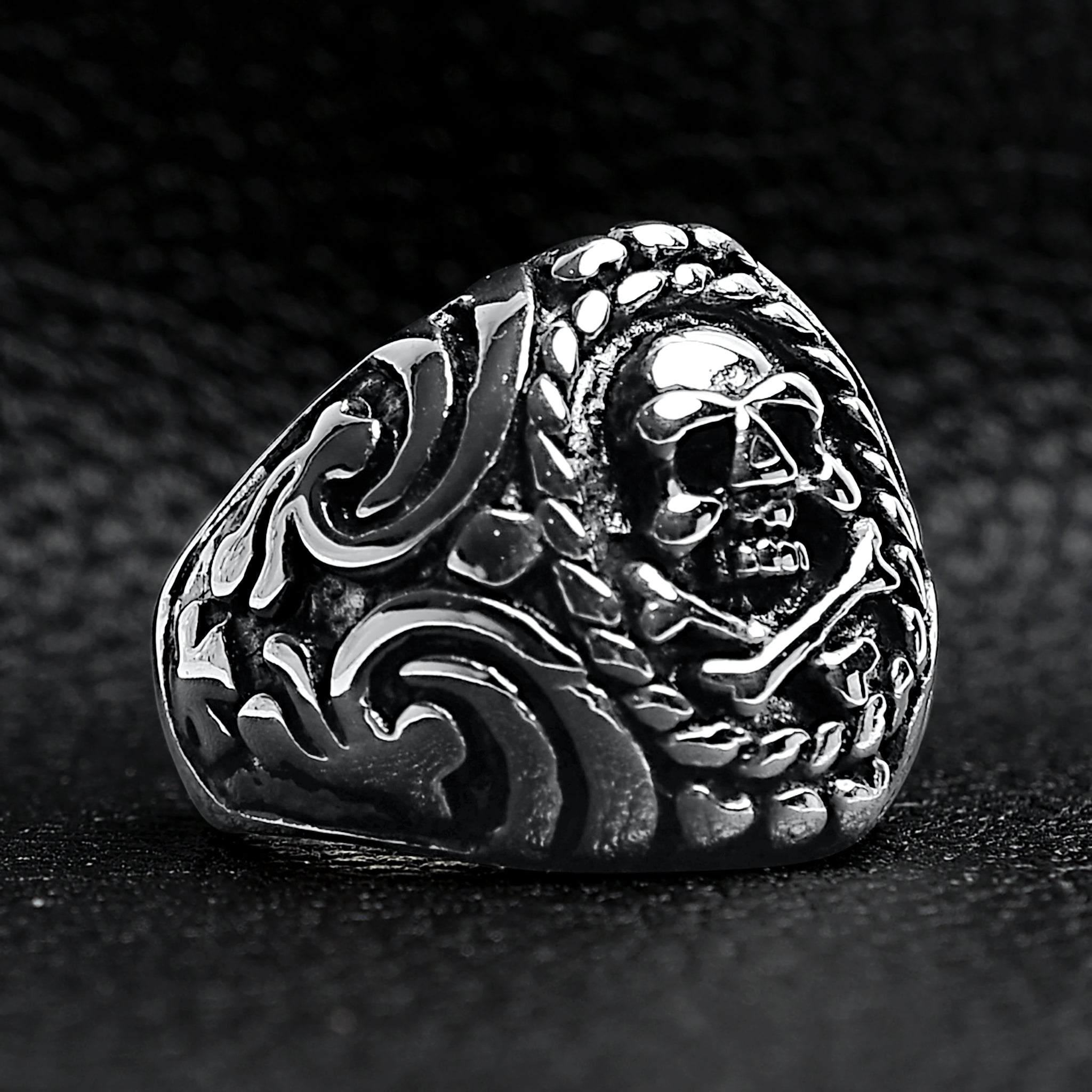 Polished Skull And Crossbones With Ocean Pattern Stainless Steel Ring