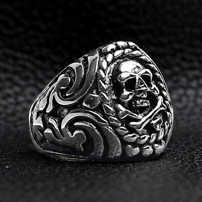 Polished Skull And Crossbones With Ocean Pattern Stainless Steel Ring