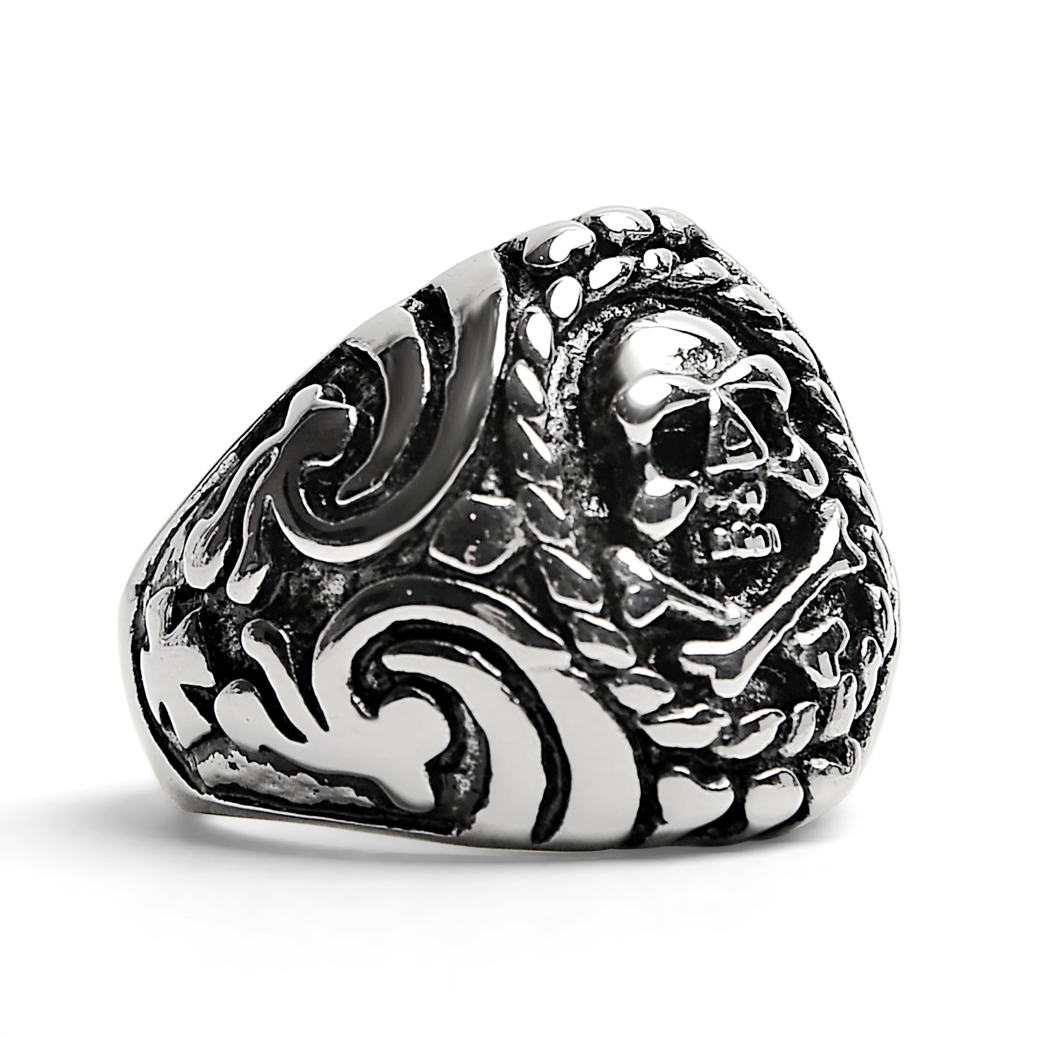 Polished Skull And Crossbones With Ocean Pattern Stainless Steel Ring