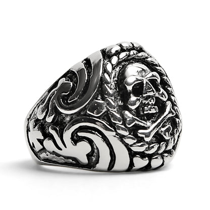 Polished Skull And Crossbones With Ocean Pattern Stainless Steel Ring