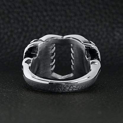 Stainless Steel Polished Heart Gripped By Bone Hands Ring