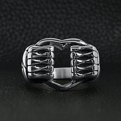Stainless Steel Polished Heart Gripped By Bone Hands Ring
