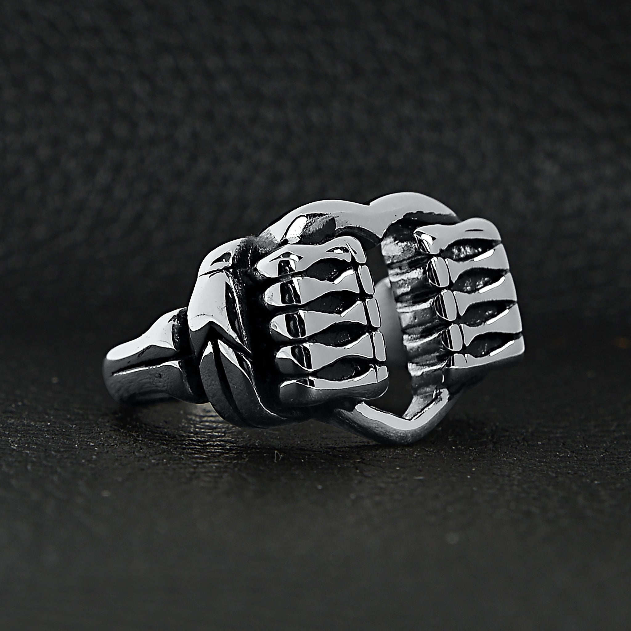 Stainless Steel Polished Heart Gripped By Bone Hands Ring