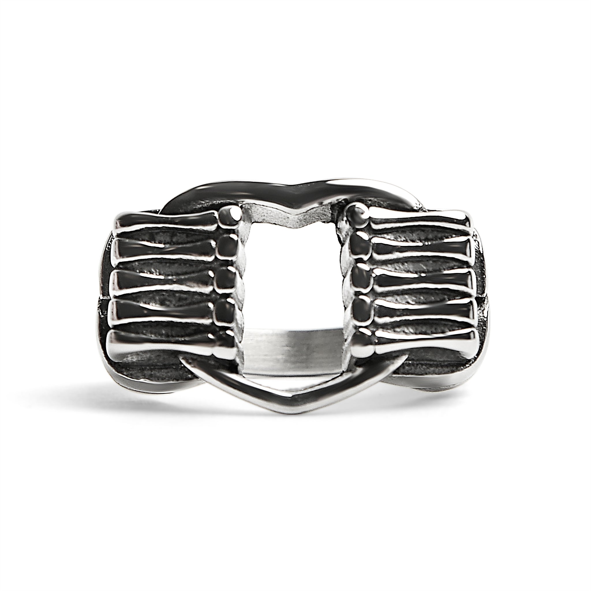 Stainless Steel Polished Heart Gripped By Bone Hands Ring