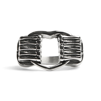 Stainless Steel Polished Heart Gripped By Bone Hands Ring