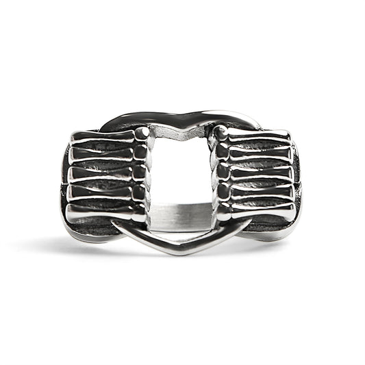 Stainless Steel Polished Heart Gripped By Bone Hands Ring