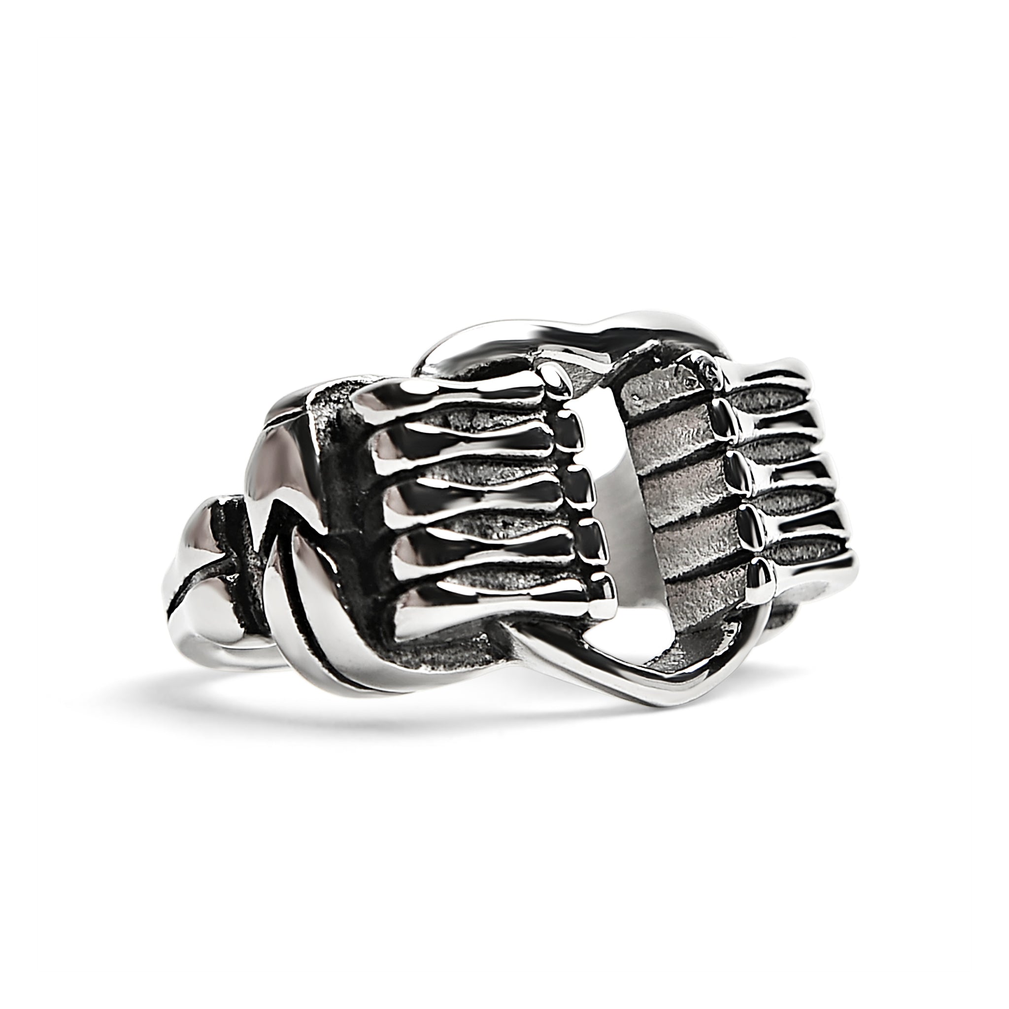 Stainless Steel Polished Heart Gripped By Bone Hands Ring